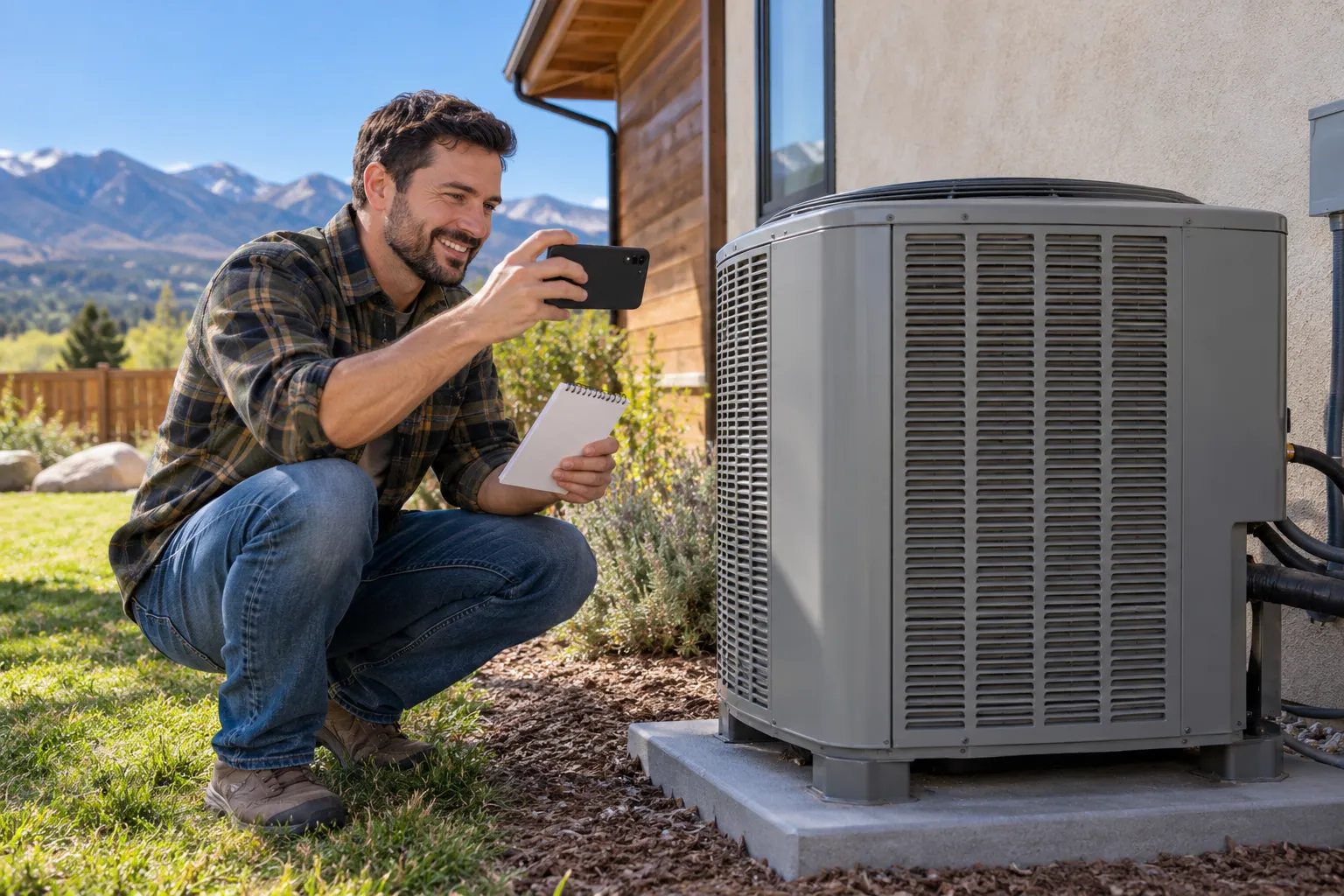 Homeowner taking photos of an outdoor AC unit before a provider visit in the Aurora area